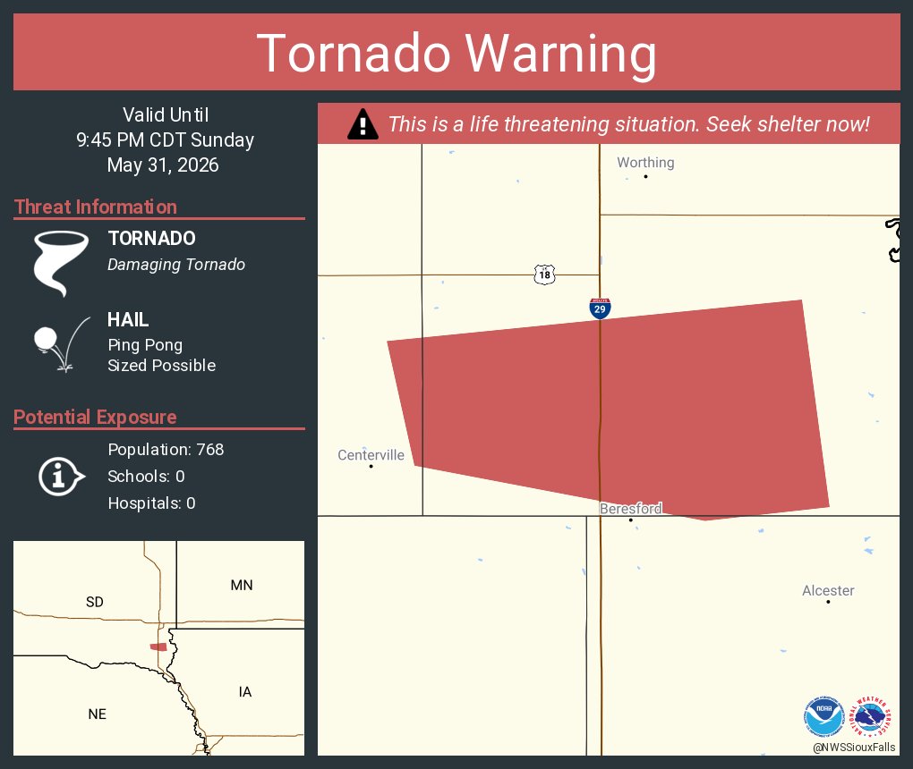 Tornado Warning continues for Lincoln County, SD, Turner County