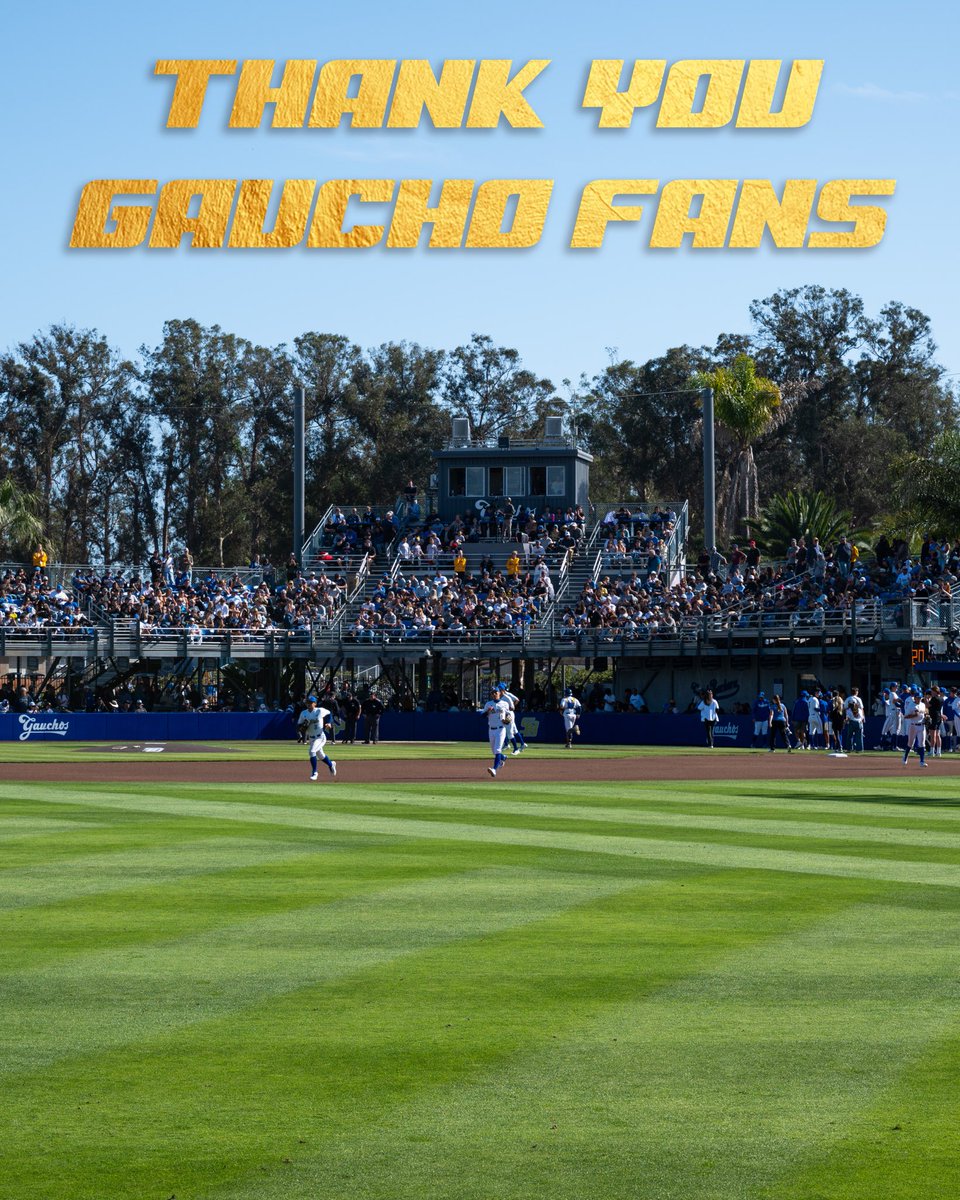 A photo of Caesar Uyesaka Stadium with the stands full from the point of view of the outfield and gold text that reads “THANK YOU GAUCHOS FANS”