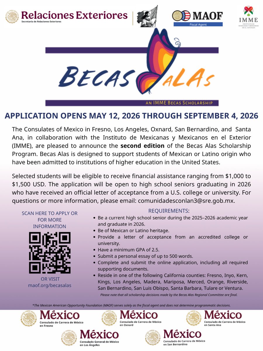 ConsulmexStaAna's tweet photo. 🎓✨ Have you imagined your future yet? Go for it! 🚀

Becas Alas through IMME Becas will offer $1,000–$1,500 scholarships for students of Mexican or Latino heritage accepted to a university or community college in CA.

Apply: https://t.co/5h5GX7qPb6

#IMMEBecas #Educación https://t.co/y0q20P2N5F
