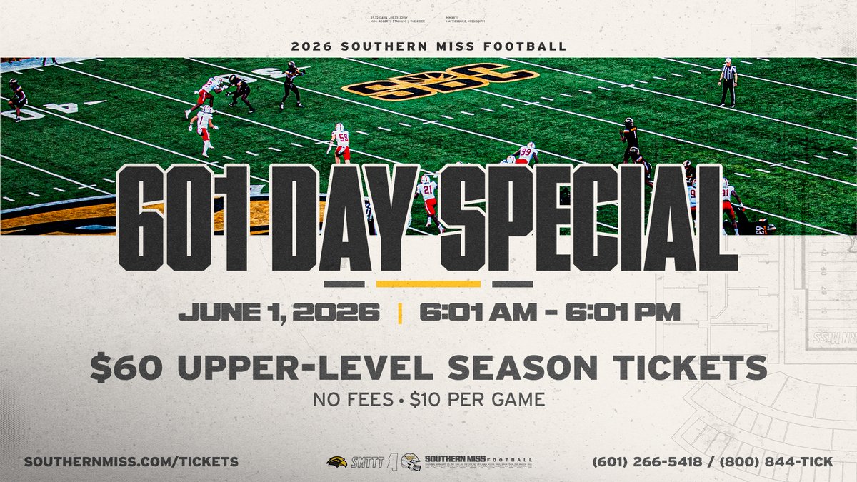 SouthernMissFB's tweet photo. Happy 6⃣0⃣1⃣ Day 

Use code 601DAYST to get $60 upper-level season tickets from 6:01 a.m. to 6:01 p.m.

🎟️ » https://t.co/lffnbBl6aH https://t.co/knxdAwQ5sf