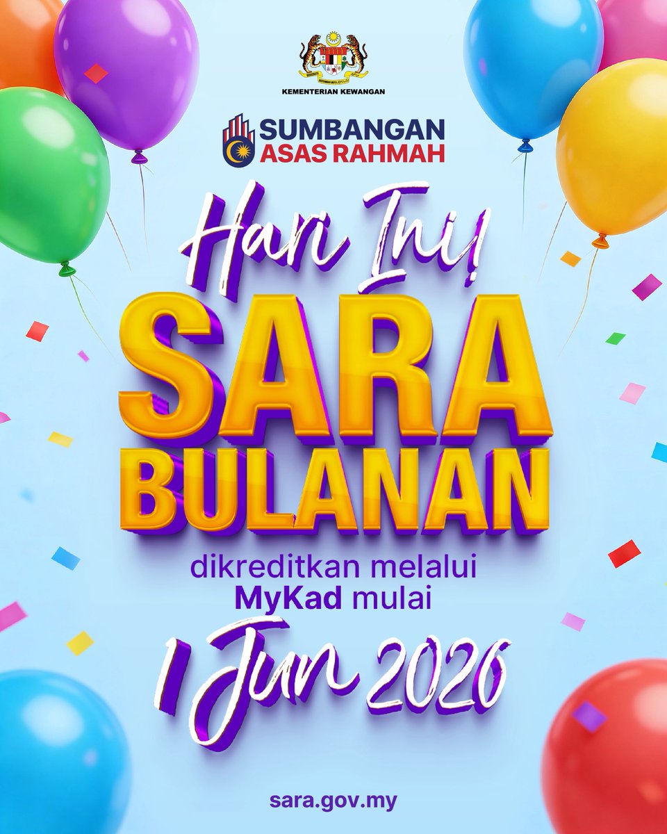 MOFmalaysia's tweet photo. SARA Bulanan dikreditkan melalui MyKad mulai 1 Jun 2026! 🎉

Bantuan disalurkan secara bulanan bagi membantu penerima SARA membeli barangan keperluan asas 💜 https://t.co/a6kfz8wYKl