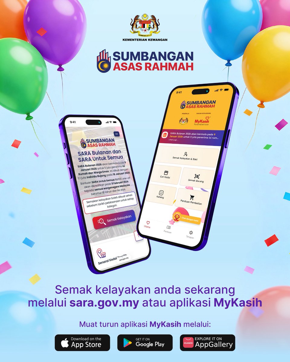 MOFmalaysia's tweet photo. SARA Bulanan dikreditkan melalui MyKad mulai 1 Jun 2026! 🎉

Bantuan disalurkan secara bulanan bagi membantu penerima SARA membeli barangan keperluan asas 💜 https://t.co/a6kfz8wYKl