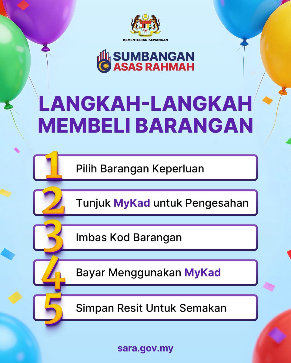 MOFmalaysia's tweet photo. SARA Bulanan dikreditkan melalui MyKad mulai 1 Jun 2026! 🎉

Bantuan disalurkan secara bulanan bagi membantu penerima SARA membeli barangan keperluan asas 💜 https://t.co/a6kfz8wYKl