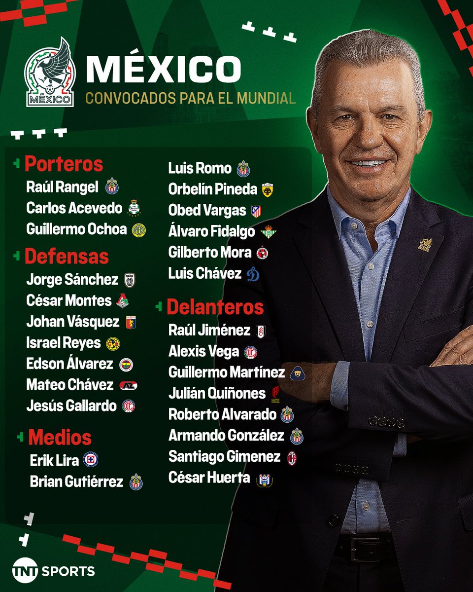 tntsportsmex's tweet photo. ¡LOS CONVOCADOS POR MÉXICO PARA EL MUNDIAL! 🇲🇽

Javier Aguirre reveló a los 2️⃣6️⃣ elegidos que buscarán hacer historia en la Copa del Mundo #TNTSports2026. 

¡Todo el país está con ustedes! 🥹🏆 https://t.co/x6AxuEk8zY