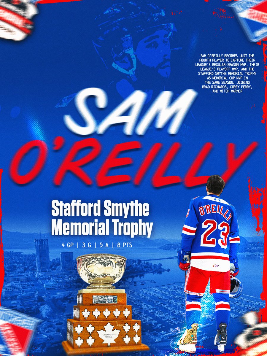 OHLHockey's tweet photo. Most Valuable Peanut 🥜

Sam O'Reilly becomes the fourth player to win Regular-Season MVP, Playoff MVP and #MemorialCup MVP in the same season!

@OHLRangers | #GoBolts https://t.co/qBiaLnyk74