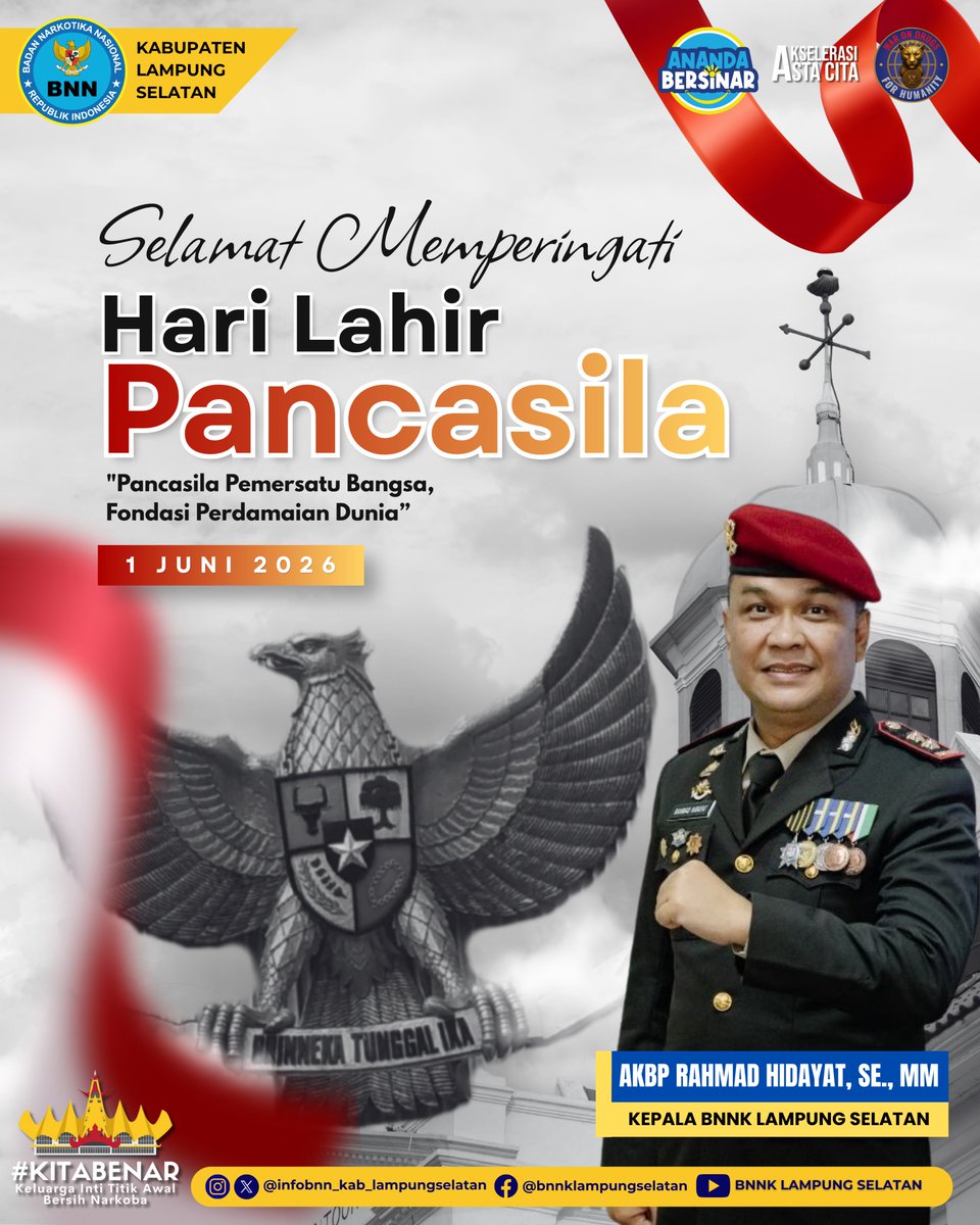 Infobnnklamsel's tweet photo. Selamat Hari Lahir Pancasila
1 Juni 2026

"Pancasila adalah fondasi persatuan bangsa dan pedoman dalam mewujudkan Indonesia yang maju, berdaulat, dan berkarakter. Mari kita amalkan nilai-nilai Pancasila dalam kehidupan sehari-hari serta bersama-sama menjaga generasi bangsa " https://t.co/4qebTXEjC0