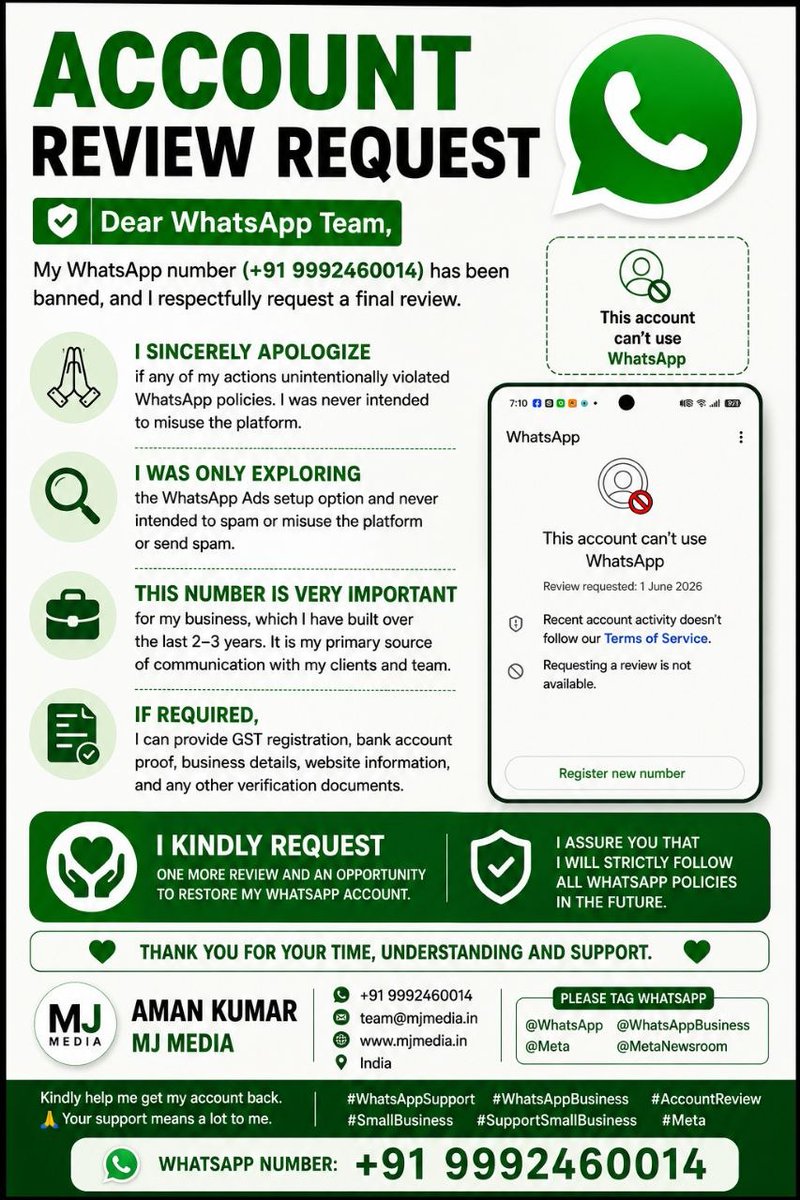 Mjmedia_in's tweet photo. Please WhatsApp Support Help me 😭🥺 pls this WhatsApp account is too much important for my agency sir pls 😭 #WhatsAppBan
#WhatsAppSupport
#WhatsAppBusiness
#AccountReview
#SmallBusiness
#Meta @WhatsApp
@WhatsAppBusiness
@Meta
@MetaNewsroom #whatssupport https://t.co/BbXwiIQU9Y