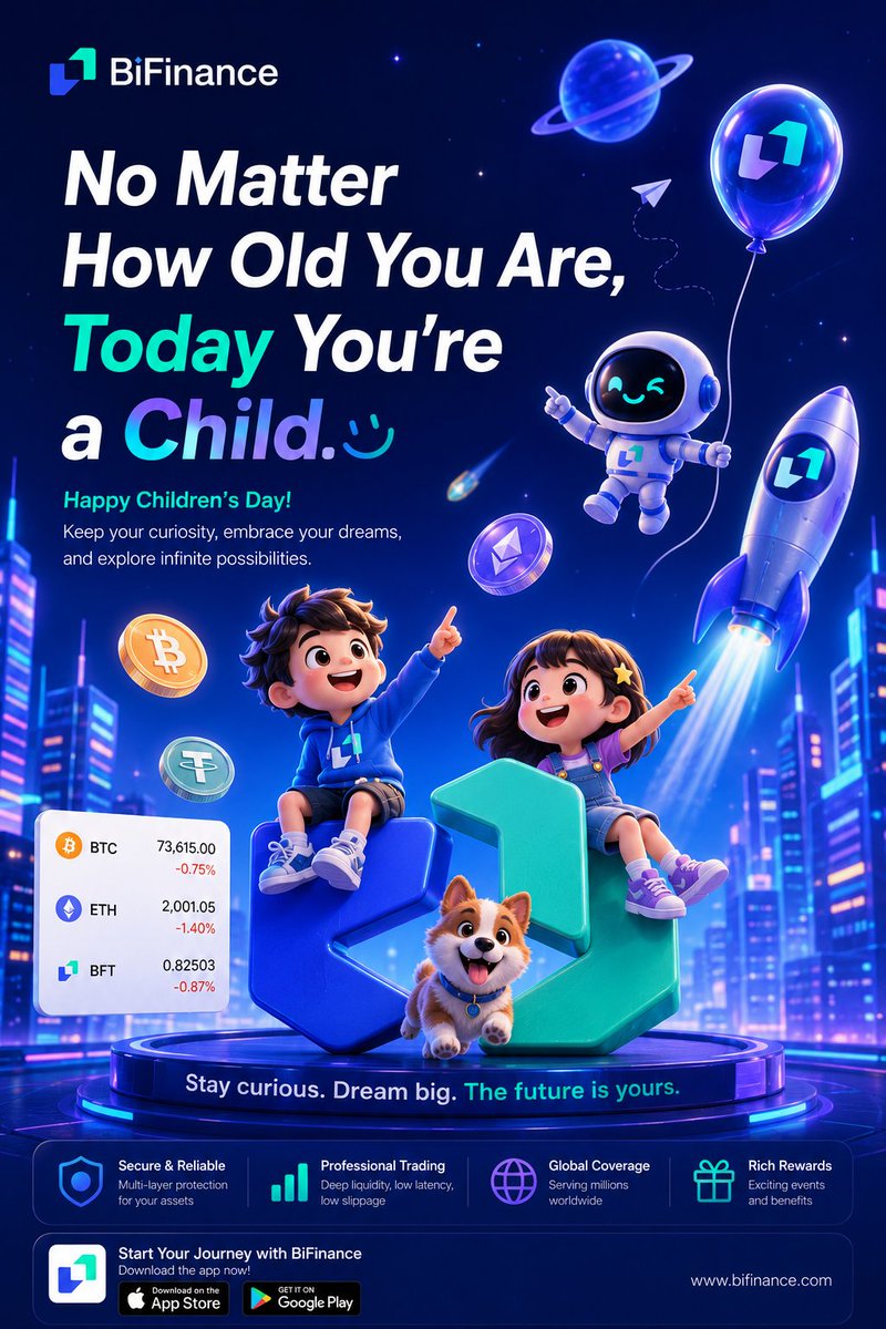 BiFinanceE's tweet photo. 🎉 Children's Day Special Giveaway 🎉

No Matter How Old You Are,
Today You're a Child. 💙
Celebrate Children's Day with #BiFinance and win rewards!

🎁 How to Participate:
1️⃣ Like this post
2️⃣ Retweet
3️⃣ Comment your UID

💰 Reward:
Lucky participants will receive a $3 Bonus Coupon.
⏰ Event Ends:
June 1, 2026 
Stay curious. Dream big. The future is yours.
#BiFinance #ChildrensDay #CryptoTrading #Giveaway #Web3