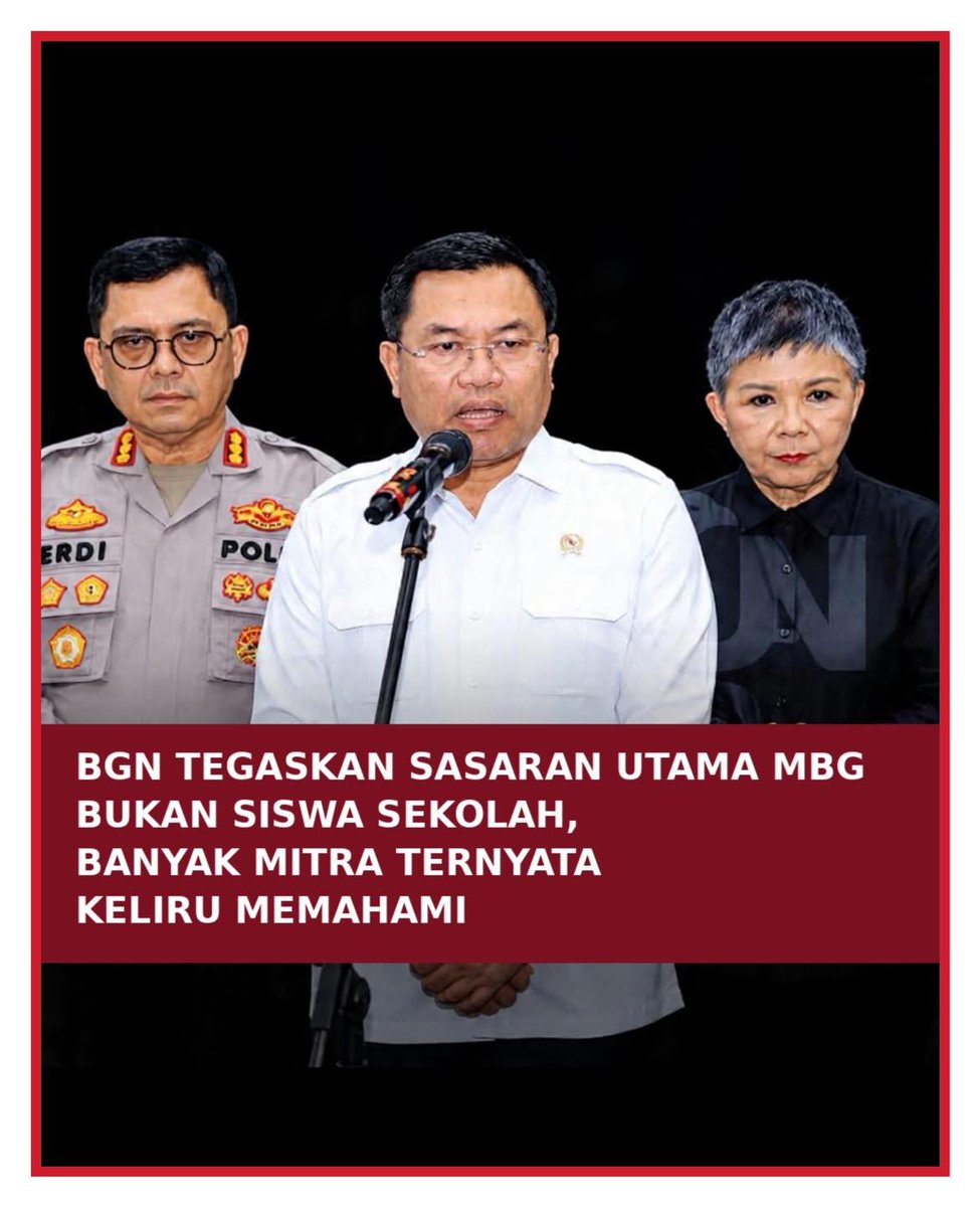 LambeSahamjja's tweet photo. Guys, ada pernyataan dari Wakil Kepala Badan Gizi Nasional yang menurut gue adalah salah satu momen paling memalukan dalam sejarah program pemerintah Indonesia.

Sony Sonjaya baru saja bilang bahwa MBG Makan Bergizi Gratis sejak awal TIDAK didesain untuk pelajar.

Tunggu dulu.
TIDAK untuk pelajar.
sekali tidak untuk pelajar .

Program yang selama ini disebut "makan siang gratis untuk anak sekolah." Program yang dikampanyekan Prabowo sejak masa pilpres dengan foto-foto anak SD makan bersama. 

Program yang menelan anggaran Rp335 triliun. 
Program yang sekarang sudah berjalan di ribuan sekolah di seluruh Indonesia.
Tiba-tiba sekarang bukan untuk siswa.

Dan ini yang paling mengejutkan versi "aslinya" menurut BGN:

Kata Sony fokus utama MBG sebenarnya adalah ibu hamil, ibu menyusui, dan balita dalam 1.000 hari pertama kehidupan.

Bukan siswa SD. 
Bukan anak SMP yang fotonya viral makan nasi kotak. 
Bukan anak sekolah yang sudah berbulan-bulan jadi wajah program ini di seluruh media nasional.

Ibu hamil. Ibu menyusui. Balita.

Dan Sony bilang masih banyak mitra di lapangan yang "salah kaprah" mengira MBG itu program makan siang sekolah.

Salah kaprah? SALAH KAPRAH?
Bukan mitra yang salah kaprah, Pak. 
Yang salah kaprah adalah komunikasi program ini dari hari pertama kampanye sampai hari ini yang selalu menampilkan gambar anak sekolah, dapur SPPG di dekat sekolah, dan narasi gizi untuk generasi penerus bangsa yang duduk di bangku kelas.

Dan ini pertanyaan yang paling fundamental yang tidak bisa dijawab:

Kalau memang sasaran utamanya adalah ibu hamil, ibu menyusui, dan balita kenapa selama berbulan-bulan yang makan adalah siswa SD sampai SMA?

Kenapa infrastruktur SPPG dibangun di dekat sekolah bukan di dekat puskesmas atau posyandu tempat ibu hamil dan balita berkumpul?

Kenapa foto-foto viral program ini selalu anak sekolah makan nasi kotak bukan ibu menyusui mendapat paket gizi?

Kenapa dapur yang dibangun memproduksi nasi, lauk, dan sayur dalam kotak bukan susu formula, makanan pendamping ASI, atau suplemen gizi untuk ibu hamil?

Dan kalau memang program ini untuk 1.000 hari pertama kehidupan menu apa yang disiapkan untuk bayi dan batita? 
Bubur bayi yang diproduksi massal dari dapur SPPG? 
Susu yang dikirim pakai motor?

Tidak ada jawaban yang masuk akal. 
Karena pertanyaan ini memang tidak punya jawaban yang masuk akal.

Dan ini yang paling pedas soal anggaran yang sudah terlanjur terpakai:

MBG sudah menyedot hampir 30% dari anggaran fungsi pendidikan di APBN 2026 sesuatu yang sudah dikritik JPPI sebagai kanibalisme anggaran dan kebohongan statistik karena program logistik pangan ini dimasukkan ke pos anggaran pendidikan.

Anggaran yang seharusnya untuk memperbaiki gedung sekolah rusak dipakai untuk dapur SPPG. Anggaran yang seharusnya untuk menaikkan gaji guru honorer dari Rp250.000 dipakai untuk membangun infrastruktur distribusi makanan.

Dan sekarang ternyata setelah semua itu terpakai pemerintah baru menjelaskan bahwa program ini bukan untuk siswa?

Ini bukan klarifikasi. 
Ini adalah post-hoc rationalization pembenaran yang dibuat belakangan setelah program mulai bermasalah. Targetnya digeser. 
Bahasanya diperhalus. 
Alasannya diganti.

Persis seperti yang dikatakan seorang netizen dengan sangat tepat: "Khas proyek yang berjalan dulu, baru berpikir kemudian."

Dan ini yang paling mengerikan dari seluruh situasi ini:

Program senilai Rp335 triliun. 
Sudah berjalan berbulan-bulan. 
Sudah ada ribuan titik SPPG. 
Sudah ada kasus keracunan massal di Kabupaten Bandung Barat yang menjadi KLB. 
Sudah ada penipuan jual beli titik SPPG terorganisir dengan korban ratusan juta rupiah.

Dan di tengah semua masalah itu pejabat BGN baru keluar bilang bahwa mitra di lapangan "salah kaprah" soal sasaran program.

Kalau mitra yang salah kaprah itu artinya sosialisasi program gagal. 
Itu artinya implementasi tidak sesuai desain. 
Itu artinya ratusan triliun rupiah sudah mengalir ke eksekusi yang tidak sesuai dengan tujuan yang diklaim.

Tapi kalau yang "salah kaprah" adalah komunikasi pemerintah sendiri dari awal maka ini jauh lebih serius. Ini artinya program sebesar ini diumumkan dan dijalankan tanpa desain yang jelas sejak hari pertama.

Pilih salah satu. 
Keduanya sama-sama memalukan.

MBG diluncurkan dengan narasi makan bergizi untuk anak sekolah. Dikampanyekan dengan foto anak SD. Dijalankan dengan dapur di dekat sekolah. Dibiayai dengan anggaran yang dikanibal dari pos pendidikan.

Dan sekarang setelah berbulan-bulan berjalan, setelah ada keracunan massal, setelah ada penipuan titik SPPG, setelah dikritik habis-habisan soal kualitas dan implementasi tiba-tiba pejabatnya bilang program ini bukan untuk siswa.

Jangan sampai mimpi besar Indonesia Emas 2045 diawali dengan program flagship yang tidak tahu siapa sasarannya sendiri setelah berbulan-bulan berjalan.

Karena generasi emas tidak lahir dari program yang arahnya baru dicari di tengah jalan.