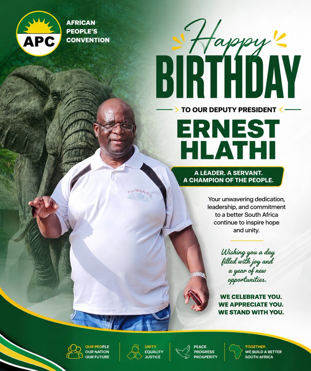 APC_Live's tweet photo. 🟢🟡🎉✋ CELEBRATING A REVOLUTIONARY LEADER: HAPPY BIRTHDAY TO APC DEPUTY PRESIDENT ERNEST HLATHI! ✋🎉🟢🟡

Today, 31 May 2026, the African People's Convention (APC) proudly celebrates the birthday of our Deputy President, Muafrika Ernest Hlathi. https://t.co/VR0WhHq40J