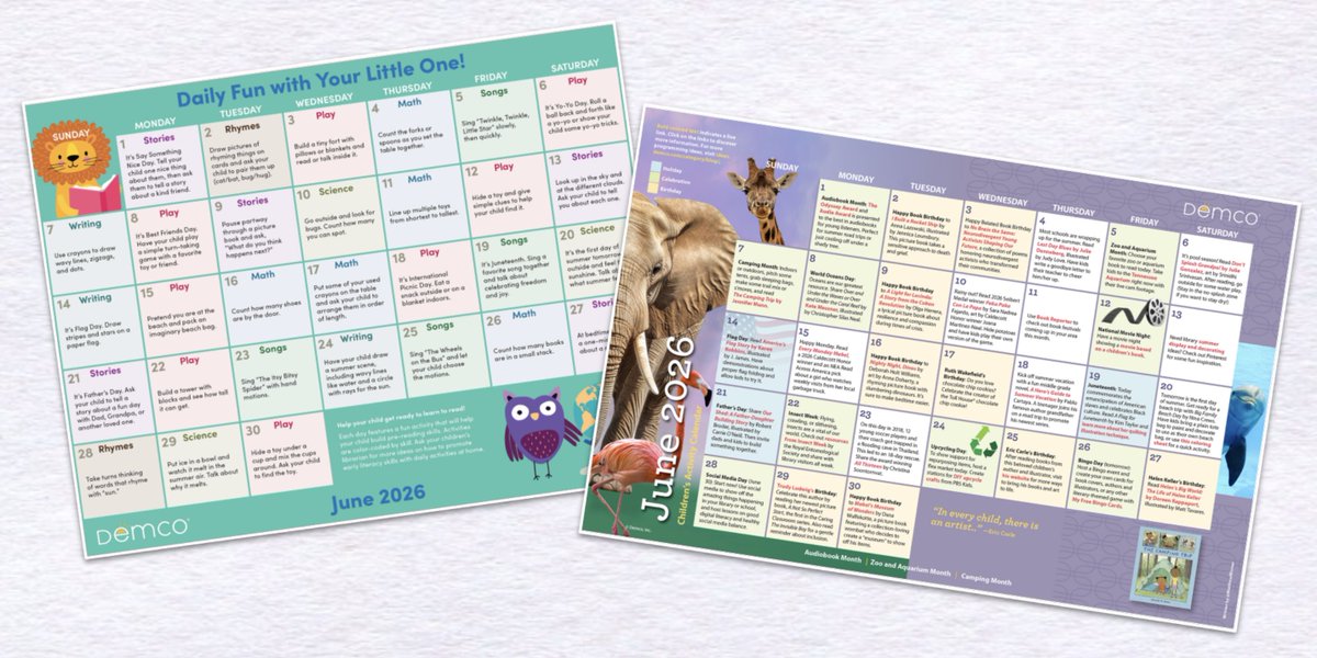 shannonmmiller's tweet photo. The June 2026 Demco Activity Calendars for early literacy activities and children's activities are here.🗓️

These are great to share with families in the summer months too. ☀️

https://t.co/nBvMRMO0t4

#June #tlchat #futurereadylibs #edchat #libraries #library #reading #literacy #summer