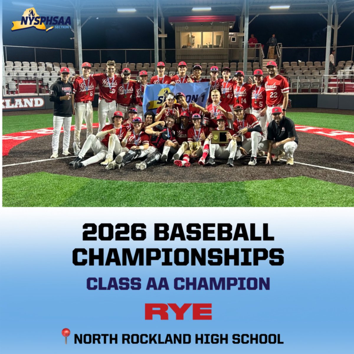 SecOneAthletics's tweet photo. 🏆⚾️ Down to its last out in the seventh, Rye rallied to score four runs and went on to defeat Mahopac 5-2 to repeat as Section One Class AA Baseball Champions on Sunday night at North Rockland High School. https://t.co/dkbAUu56IZ