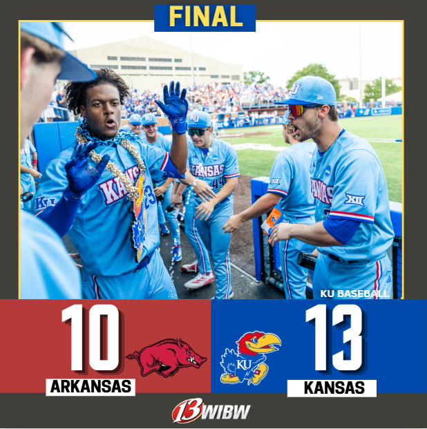 wibw's tweet photo. KU baseball is headed to its first ever NCAA Super Regional with a 13-10 victory over Arkansas. 

STORY: https://t.co/nV7y71SyP2 https://t.co/7Jygt05FpG