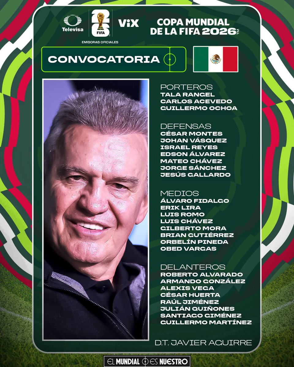 TUDNMEX's tweet photo. Los 26 convocados por el Vasco para vestir la playera mexicana en el Mundial 2026 🇲🇽🔥

Chávez y Huerta se ganan un lugar tras sus lesiones; Ochoa, a su sexta justa; Memote, sí; Berterame, Charly y Marcel, no 🤯

¿Opiniones? Los leemos porque #ElMundialEsNuestro https://t.co/3lbDnw6LJE