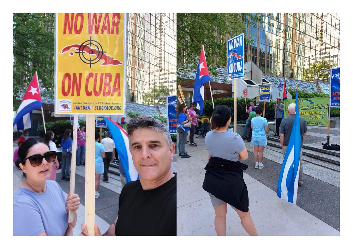 EmbacubaCanada's tweet photo. In #Vancouver today: solidarity with #Cuba and opposition to the blockade and threats of war.

#CubaIsNotAlone

#DropTheBlockade https://t.co/IwYwYrajvt