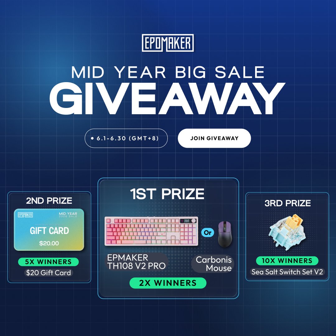 EpomakerK's tweet photo. 🔥 EPOMAKER MID-YEAR SALE PREHEAT 🔥
Follow along and stay tuned for more surprises!
👉Enter Now
https://t.co/KwI3Choz7o
#EpomakerMidYearSale
#MidYearSale
#MidYearSales
#midyear
#MidYearSale2026
#SuperDeal https://t.co/qXRrLLrGzY