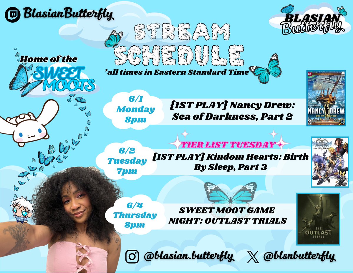 blsnbutterfly's tweet photo. 🦋 THIS WEEK'S STREAM SCHEDULE (6/1-6/4) ☁️ 

More Nancy Drew, EVENING Tuesday stream bc we want to get the Sweet Moots in here for Tier List Tuesday + Kingdom Hearts: BBS! Then horror upon horrors...MORE OUTLAST TRIALS 😱

https://t.co/mjiXMvOdYS https://t.co/sUxnGgsBSG