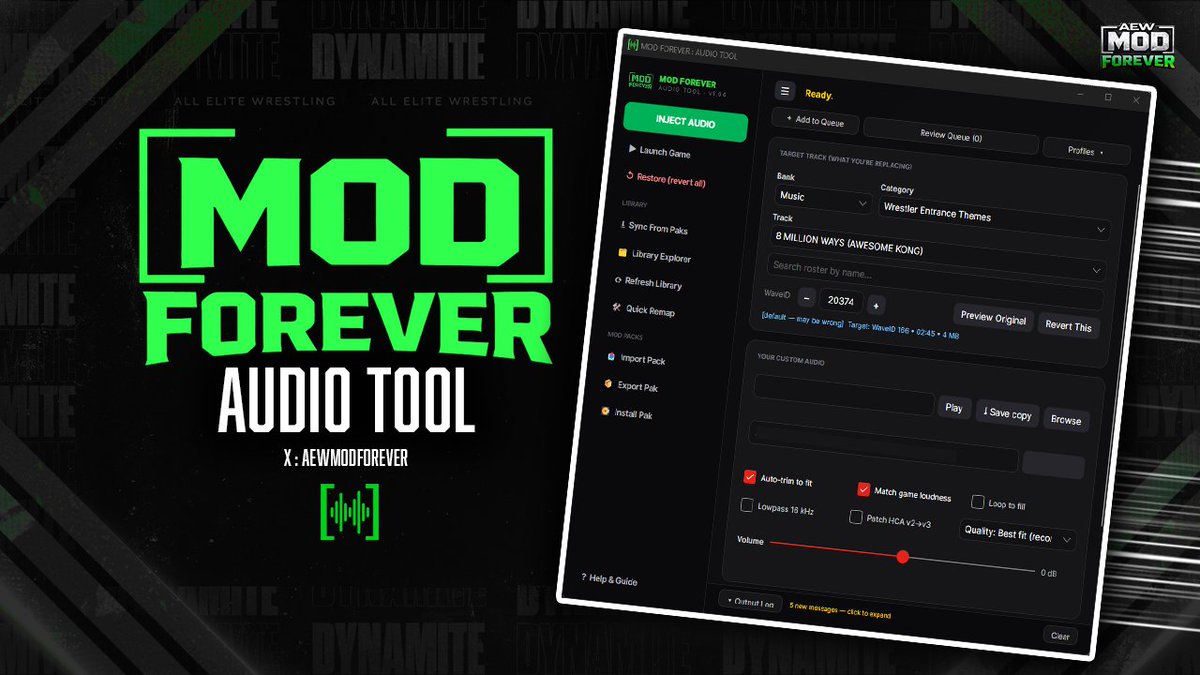 AEWModForever's tweet photo. 🚨 IT'S FINALLY HERE. 🚨

After months of testing, and breakthrough after breakthrough THE MOD FOREVER : AUDIO TOOL is OFFICIALLY LIVE  🎉

Your custom AEW audio can now play directly IN-GAME:

🎶 Custom Entrance Themes
🎤 1,825 Named Ring Announcer Lines
🥁 Custom Crowd Chants
+ MORE 

after the final beta test, the feedback helped us squash bugs, improve stability, and get it ready for release.

Available NOW in the server.

#AEWFightForever #AEWMODFOREVER