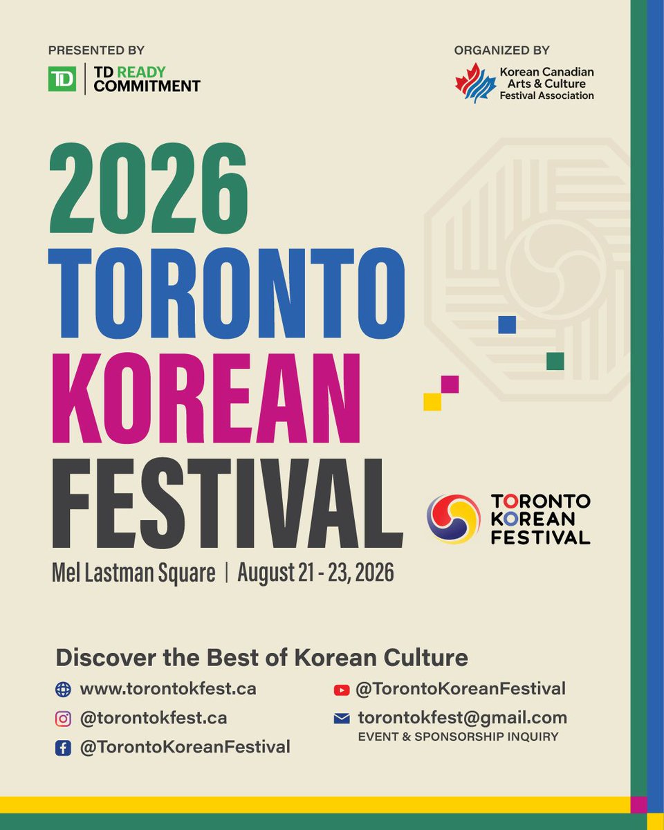 JNBCANADA's tweet photo. 🔥🇰🇷 TORONTO, GET READY!

The biggest celebration of Korean culture is coming to North York this summer!

🎤 Live K-pop Performances
💃 Dance Showcases
🍗 Chimak Garden (Korean Fried Chicken & Beer)
🌭 30+ K-Street Food Vendors
🎟️ FREE Admission

Featuring special performances by:

✨ @nouera_official
✨ @asc2nt_official
✨ @catch_theyoung
✨ @granada_k_official

🎶 Special Fusion Korean Traditional Music Performance

Plus Korean traditional performances, a Hanbok Fashion Show, K-Beauty experiences, and much more!

📅 August 21–23, 2026
📍 Mel Lastman Square, North York

⭐ And don't miss the unforgettable finale!

📅 August 24, 2026
📍 Crowne Plaza Toronto – North York Event Hall

🎟️ ONE SPECIAL FAN EVENT Meet all four artists in one unforgettable day:

✨ @nouera_official
✨ @asc2nt_official
✨ @catch_theyoung
✨ @granada_k_official(INSTA)

A day that fans will never forget.

🌐 https://t.co/BwzNbRpUer 

#TorontoKFest #TKF2026 #KCulture #KPop