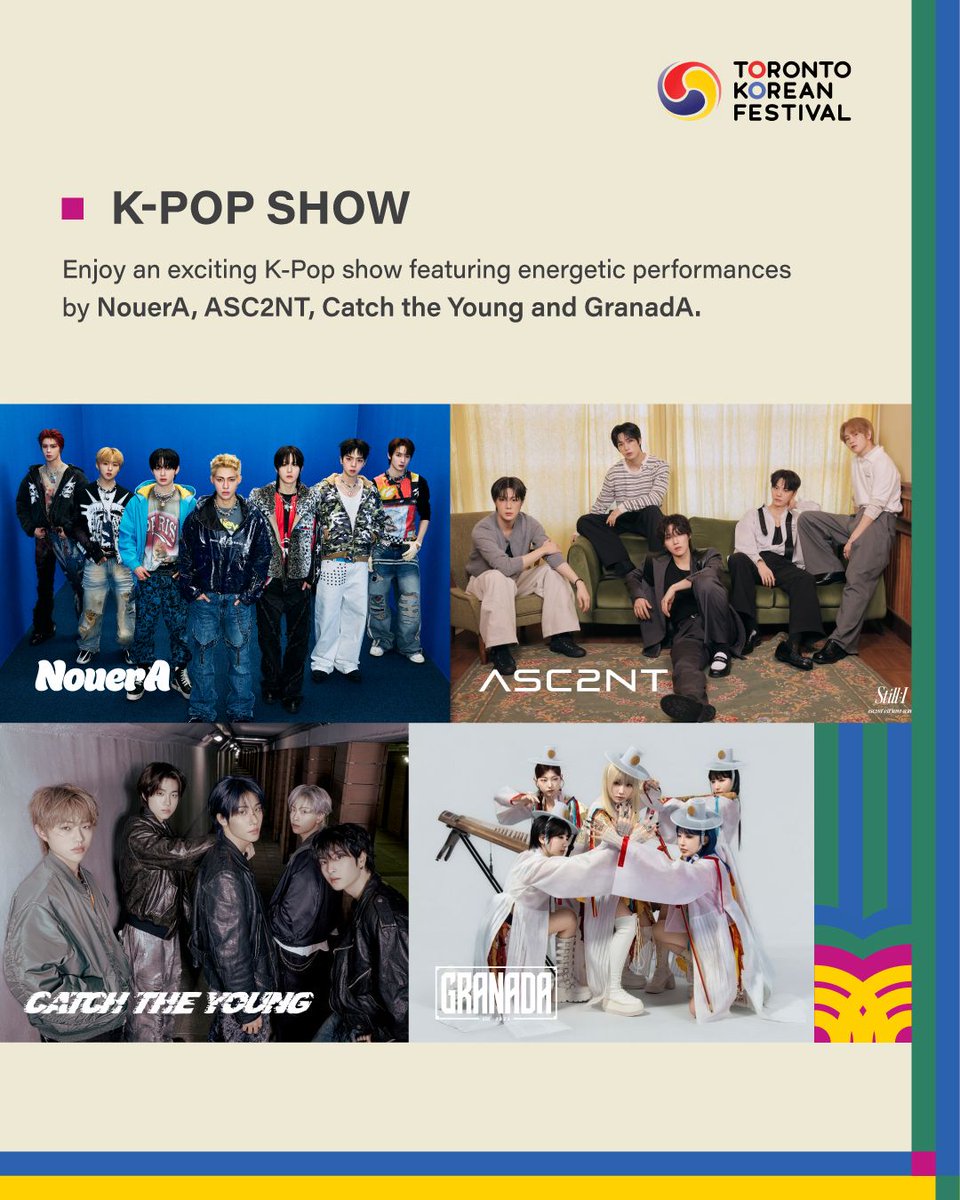 JNBCANADA's tweet photo. 🔥🇰🇷 TORONTO, GET READY!

The biggest celebration of Korean culture is coming to North York this summer!

🎤 Live K-pop Performances
💃 Dance Showcases
🍗 Chimak Garden (Korean Fried Chicken & Beer)
🌭 30+ K-Street Food Vendors
🎟️ FREE Admission

Featuring special performances by:

✨ @nouera_official
✨ @asc2nt_official
✨ @catch_theyoung
✨ @granada_k_official

🎶 Special Fusion Korean Traditional Music Performance

Plus Korean traditional performances, a Hanbok Fashion Show, K-Beauty experiences, and much more!

📅 August 21–23, 2026
📍 Mel Lastman Square, North York

⭐ And don't miss the unforgettable finale!

📅 August 24, 2026
📍 Crowne Plaza Toronto – North York Event Hall

🎟️ ONE SPECIAL FAN EVENT Meet all four artists in one unforgettable day:

✨ @nouera_official
✨ @asc2nt_official
✨ @catch_theyoung
✨ @granada_k_official(INSTA)

A day that fans will never forget.

🌐 https://t.co/BwzNbRpUer 

#TorontoKFest #TKF2026 #KCulture #KPop