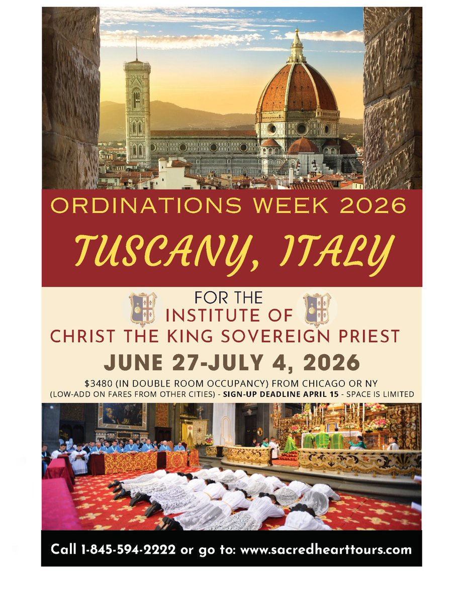 ICKSP's tweet photo. There's still a chance for YOU to register for the Institute's Ordination Pilgrimage: https://t.co/kYl6DXfsWa

You are invited to join the Institute of Christ the King Sovereign Priest in an Ordinations Week pilgrimage to Tuscany, Italy, from June 27th to July 4th. Join the seminarians in Florence for sacred ceremonies, including the taking of the cassock, minor and major orders, and first Masses.
