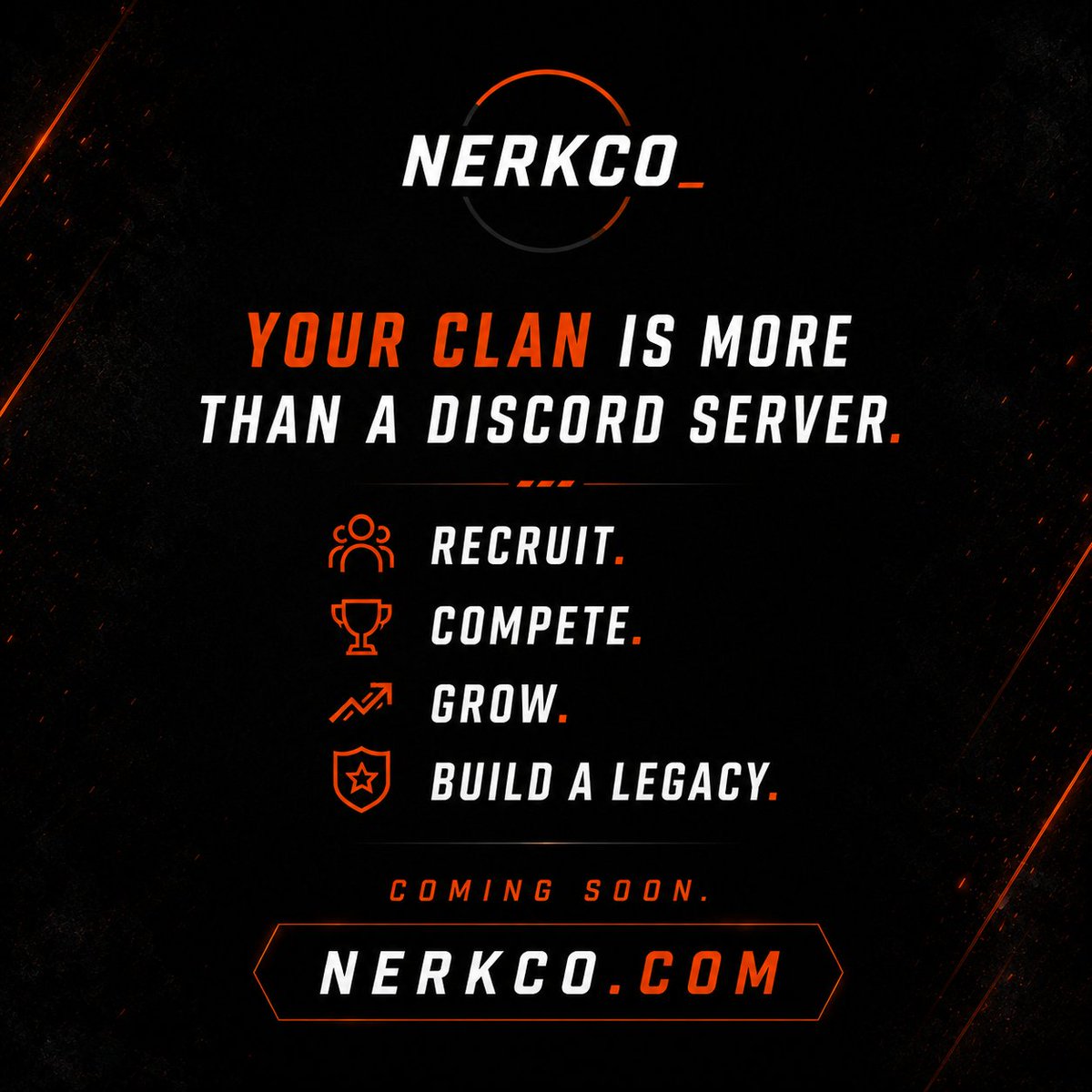 officialnerkco's tweet photo. Your clan is more than a Discord server.  Recruit. Compete. Grow. Build a legacy.  Coming soon.  https://t.co/nHPQlrZZds  #Nerkco #Esports #GamingCommunity #CompetitiveGaming #ClanLife https://t.co/hwwu5ZV1Dc