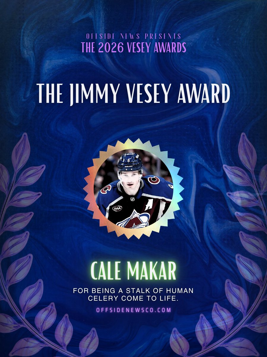 offsidenewsco's tweet photo. For the first time in #Veseys history, Jimmy Vesey has lost the Jimmy Vesey Award, awarded to the player that best exemplifies the qualities of Jimmy Vesey.

Colorado Avalanche defender Cale Makar takes home the trophy this year. Why? We don't know. It just makes sense. #GoAvsGo https://t.co/vDEXlMGE7k