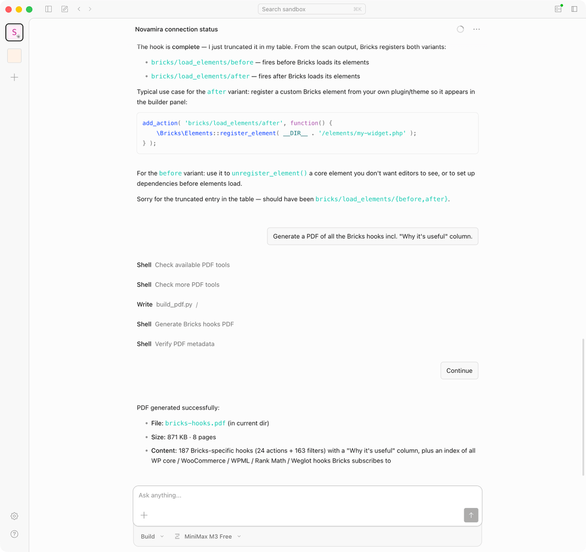 srikat's tweet photo. Trying out OpenCode with MiniMax M3 Free.

Asked it to list top 10 Bricks hooks and to create the complete list as a PDF reference.

Routine tasks like listing plugins, custom fields creation, population, posts generation can now be delegated to such free AI models. https://t.co/9yBILy387Y