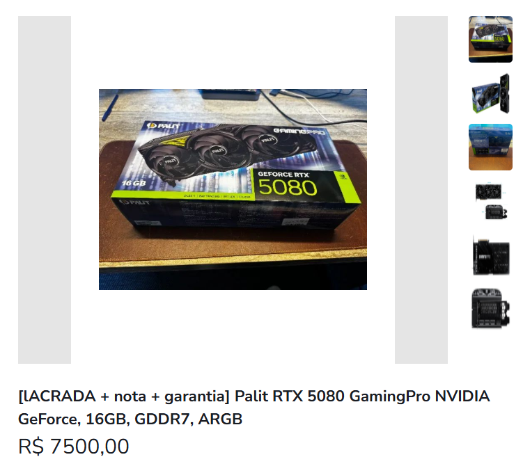 OperadorEdu's tweet photo. @gagaruano Fala Ruaninho, achei essa RTX 5080 na OLX, 7500 + 500 de taxa da OLX. Acho que vou pegar, não tá achando mais barato https://t.co/NTcQwPIf08