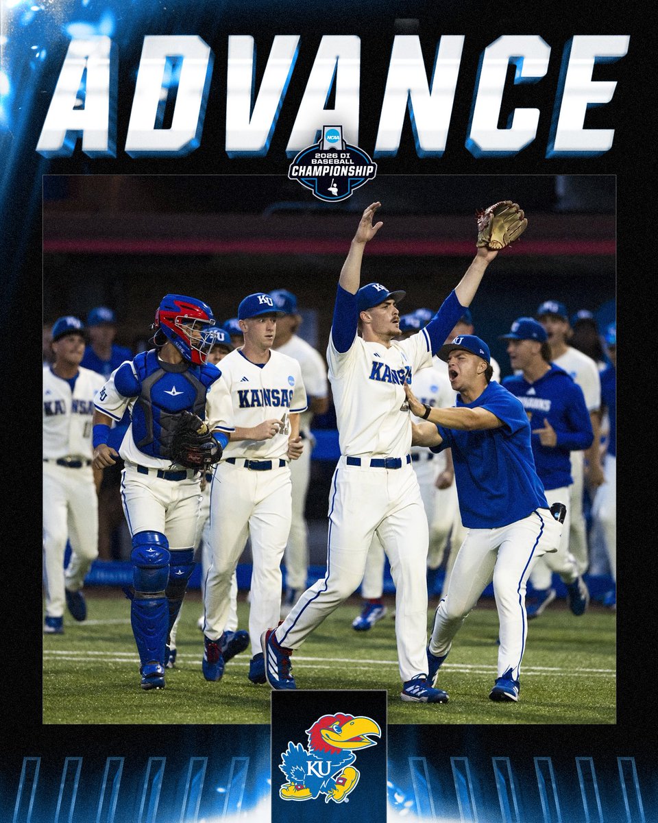 NCAABaseball's tweet photo. LEMME HEAR YOU SAY ROCK CHALK 🗣️

(15) @KUBaseball defeats Arkansas, 13-10, to advance to Super Regionals!

#RoadToOmaha https://t.co/NFjbiCiusz