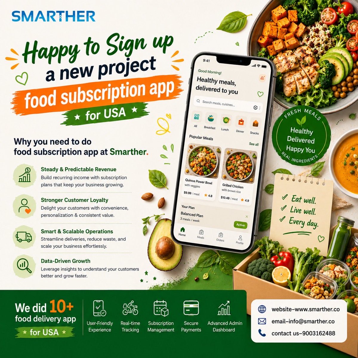 smarthertech's tweet photo. 🎉 We're excited to start development of a Food Subscription App for USA 🇺🇸

✅ Subscription Management
✅ Real-Time Tracking
✅ Secure Payments
✅ Customer Retention Features

🌐 https://t.co/SH2ZX1hVs2 https://t.co/BuHMVA2y9a