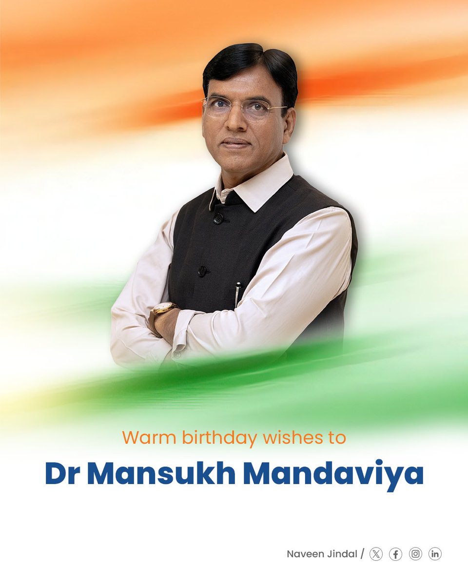 MPNaveenJindal's tweet photo. Wishing Union Cabinet Minister Shri Mansukh Mandaviya Ji a very happy birthday.

His work towards sports infrastructure, youth welfare and the rights of workers reflects a deep commitment to building a stronger India. Wishing him good health and continued success in his important responsibilities. @mansukhmandviya