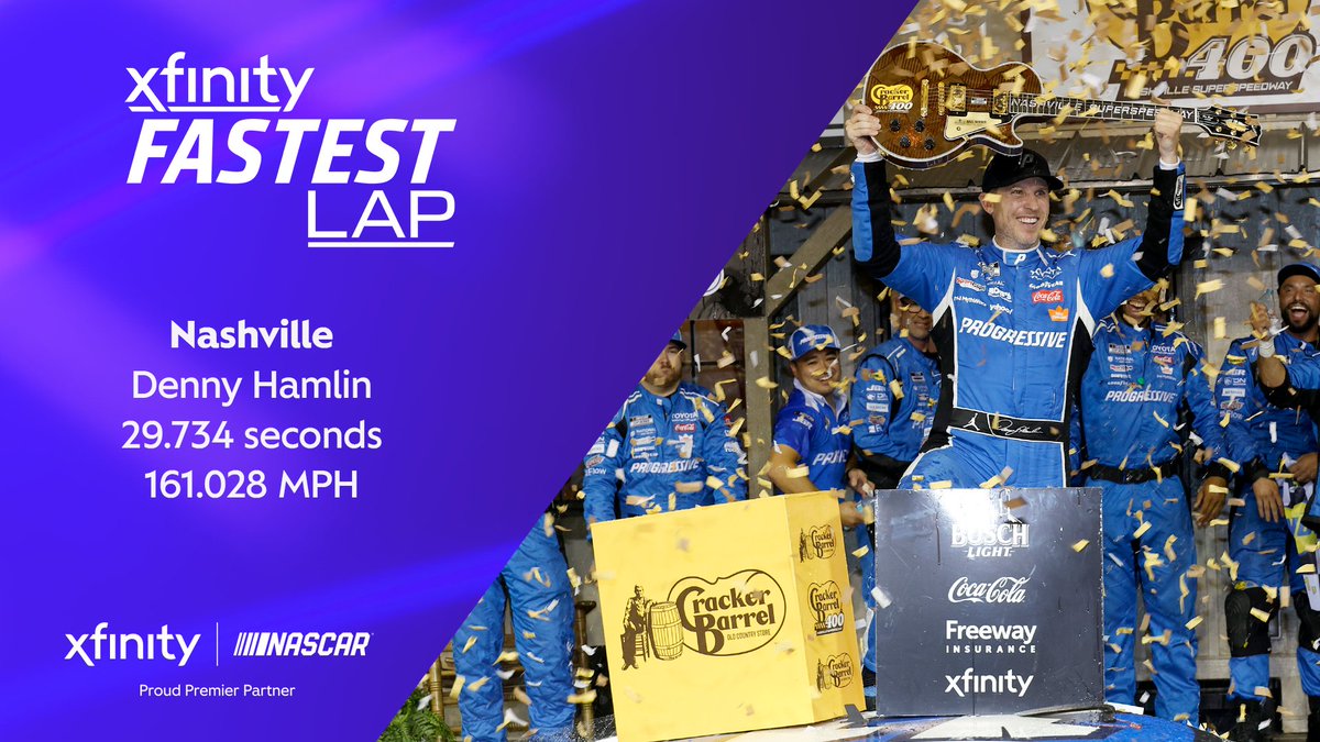 XfinityRacing's tweet photo. Every @NashvilleSuperS winner this weekend also had the Xfinity #FastestLap.

@dennyhamlin is first to pick up the bonus point three times in the NASCAR Cup Series this season. https://t.co/54hScB5apB