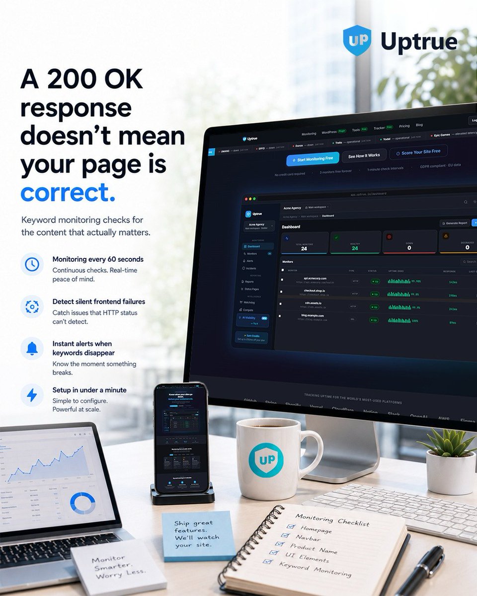 uptrue_io's tweet photo. HTTP 200 doesn't mean your page is working.
It could be loading:
→ A blank page
→ An error message styled as HTML
→ Cached broken content from a bad deploy
Keyword monitoring confirms the right content is actually there.
Uptrue checks for this every 60 seconds.
#webdev #DevOps https://t.co/R7zJMguxvn