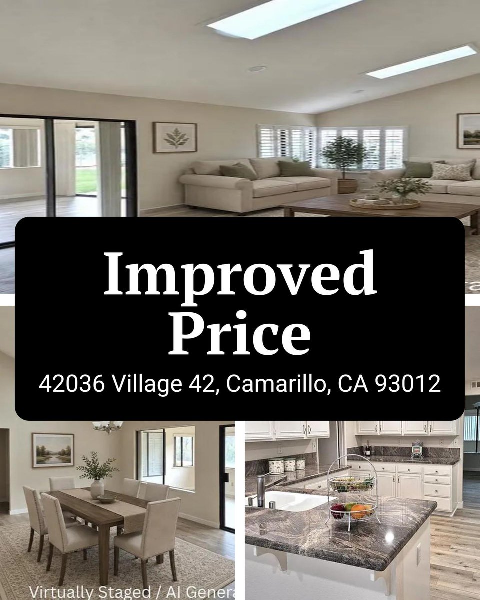 LeisureVillgCam's tweet photo. 🌅 PRICE IMPROVEMENT ON THIS GORGEOUS VIEW HOME in Leisure Village! 🌅
42036 VILLAGE 42, CAMARILLO, CA 93012
2 Beds | 2 Baths
$850,000
#LeisureVillage #CamarilloLiving #JustListed #55Plus #HomeSweetHome #WeSellLeisureVillage https://t.co/JBR3I8MjPh