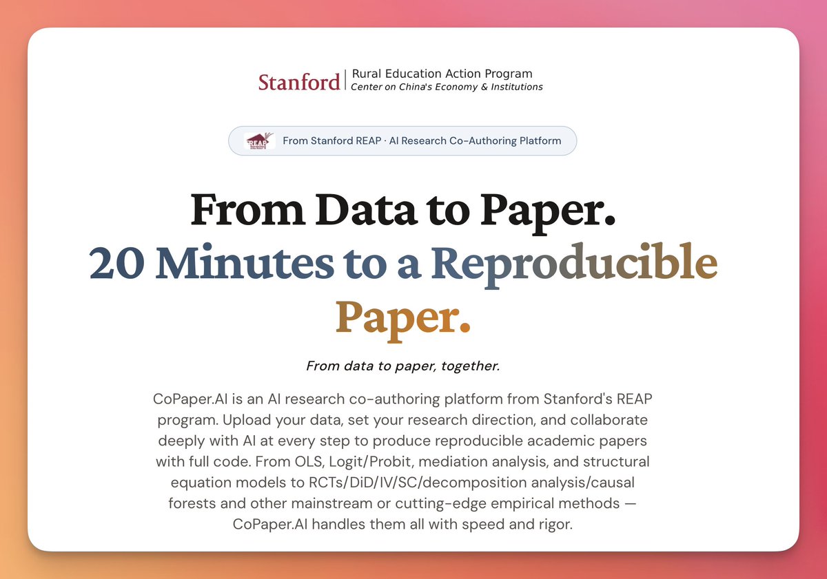 JeremyNguyenPhD's tweet photo. AI co-authoring platform from Stanford researchers: CoPaper.

Upload your data, and you stay in the collaboration loop.

Multiple authors have already published in journals using this. I'm pretty curious to know who they are and what their papers are like. You can check out sample output papers on the site.

Link the reply below: