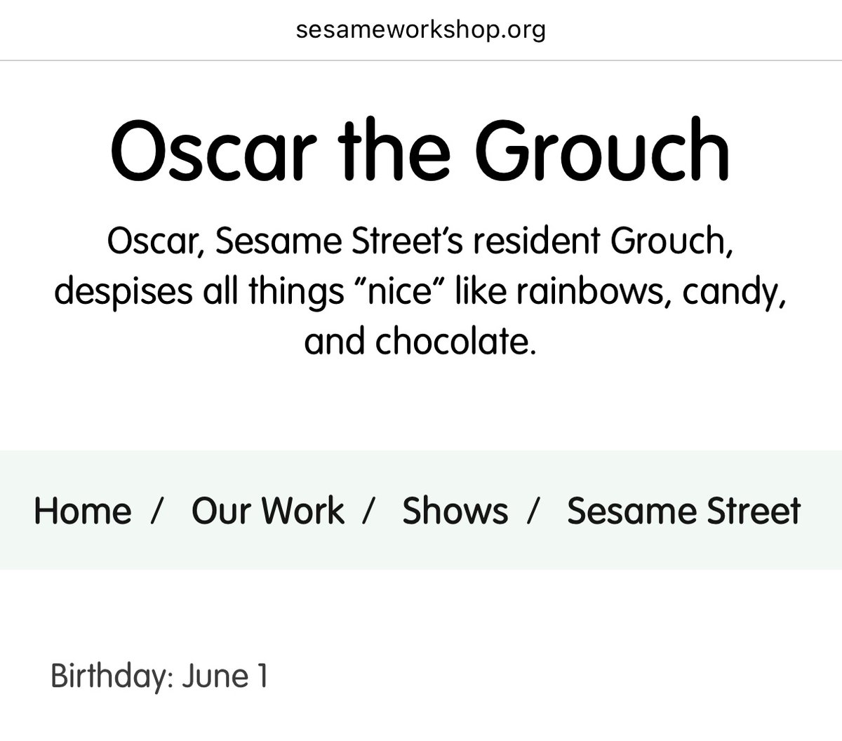 fictionalbday's tweet photo. Today is the birthday of Oscar the Grouch from Sesame Street –– b. June 1 https://t.co/26XQXxkMhQ