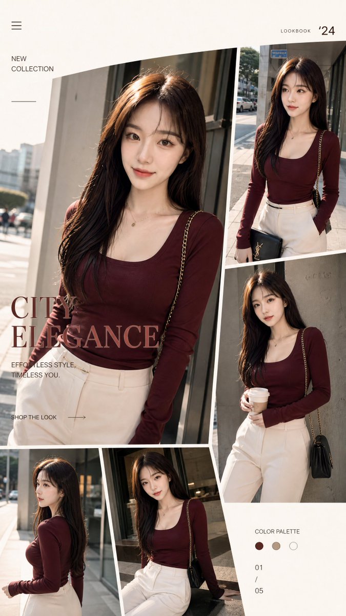 Mind_Boticni's tweet photo. GPT Image 2 on ChatGPT                 

Prompt :

Stylish fashion catalog shoot blending streetwear and luxury branding. Female model wearing burgundy slim-fit top and ivory tailored pants, posed in confident relaxed positions across multiple duplicated frames. Slight perspective tilt, dynamic layout collage, soft daylight studio lighting with warm tone grading. Modern shopping website aesthetic, minimal UI-inspired composition, high resolution fashion photography.