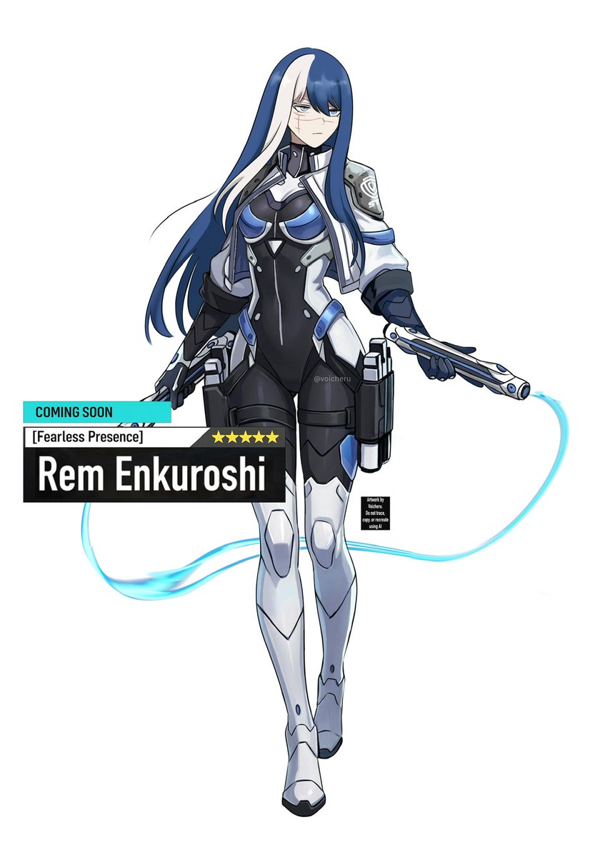 Voicheru's tweet photo. [CLOZER] X - Over Rem Enkuroshi STL Suit 

THIS IS MY ORIGINAL CHARACTER Rem belongs to me and was drawn by me!!!

The X - Over STL suit + Her weapon the nunchaku Orthros X

Rem uses her signature nunchakus, now enhanced with dimensional energy thanks to Suited. Their plasma wires can multiply and bind together to restrain massive kaiju, and the faster she swings them or the more resistance they face the stronger they become. 🩵🦖⚡

#remenkuroshi #voicheru #kaijuno8 #anime #KaijuNo8THEGAME