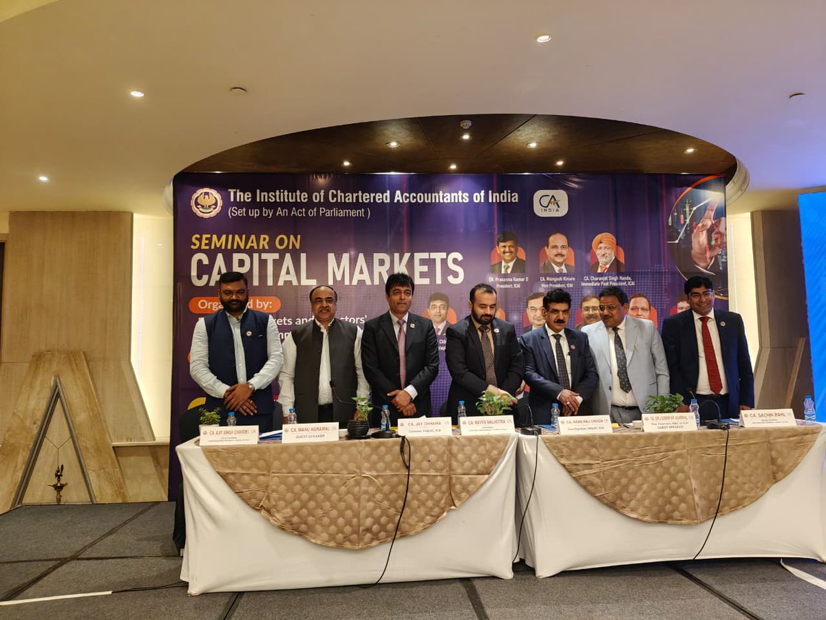 CfmipICAI's tweet photo. The Committee organised a Seminar on Capital Markets, hosted by NIRC, ICAI, in the presence of CA. Jay Chhaira, Chair, FMIAC, CA. Hans Raj Chugh, Vice-Chair, FMIAC, CA. Manu Agarwal, Former CCM &amp; RCM from NIRC, on 30.5.26, in Delhi. https://t.co/v9plzBK3ta