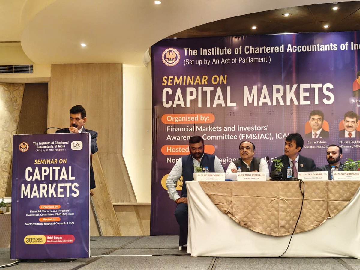CfmipICAI's tweet photo. The Committee organised a Seminar on Capital Markets, hosted by NIRC, ICAI, in the presence of CA. Jay Chhaira, Chair, FMIAC, CA. Hans Raj Chugh, Vice-Chair, FMIAC, CA. Manu Agarwal, Former CCM &amp; RCM from NIRC, on 30.5.26, in Delhi. https://t.co/v9plzBK3ta