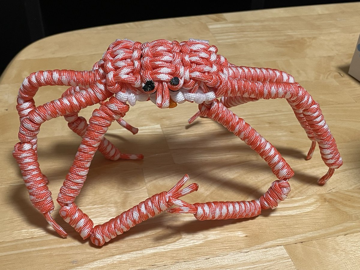 donabe58's tweet photo. パラコードでタカアシガニを作りました。
はさみ、脚は針金入りで、自立させたり、ポーズが取れます

こだわりは脚やはさみの節感と、甲羅を開けると入ってるカニ味噌です。

甲羅の開き方がおかしいのはご愛嬌

#パラコード　#ハンドメイド　#カニ　#タカアシガニ　#ズワイガニ　#蟹味噌　#生き物 https://t.co/OWnUi4LzCt