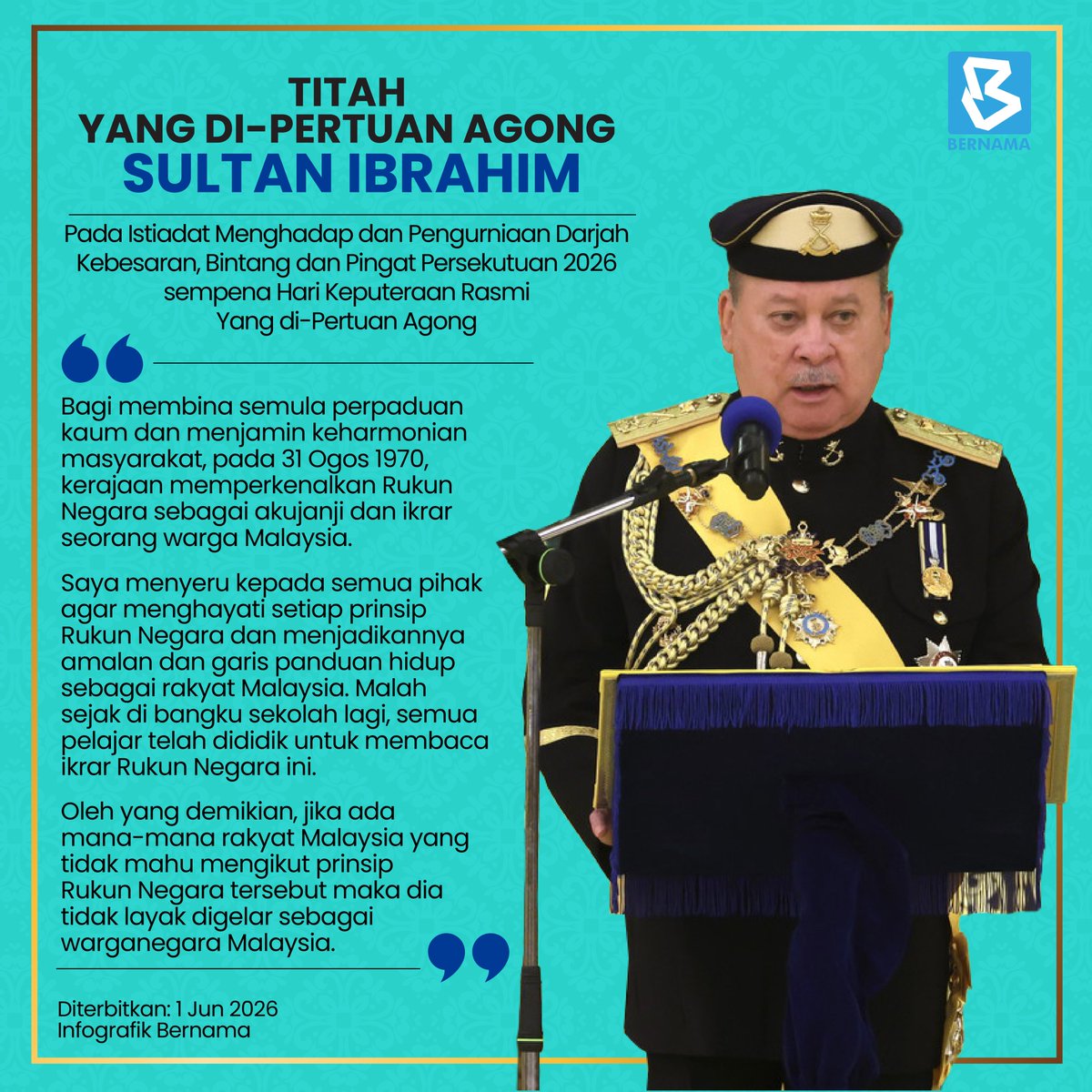 bernamadotcom's tweet photo. Agong seru rakyat hayati Rukun Negara dan jadikan panduan hidup sebagai rakyat Malaysia.

#BernamaNews 
#InfografikBernama 
#RukunNegara 
#TitahAgong https://t.co/qsYSGEePSy