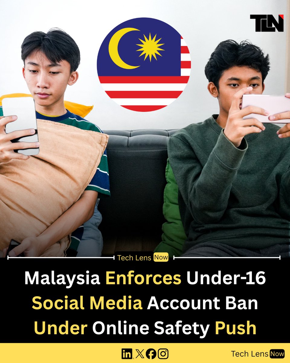 TechLensNow's tweet photo. Malaysia has begun enforcing a ban on social media accounts for children under 16.

The move puts more pressure on major platforms to strengthen age checks and improve online safety for minors.

Follow @TechLensNow for more tech updates https://t.co/oyoXMbBAOZ