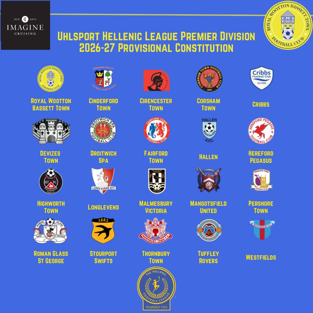 RWBTFC's tweet photo. It’s now June - which means the 2026-27 @HellenicLeague Premier Division season starts next month!

A reminder of who #rwbtfc are due to face:

💙 3 changes since 2025-26
💛 2 more local derbies (@DevizesTownFC &amp; @MalmsVicsFC)

Full details here: https://t.co/FglZEWeyTb https://t.co/gjtlod8Zc1