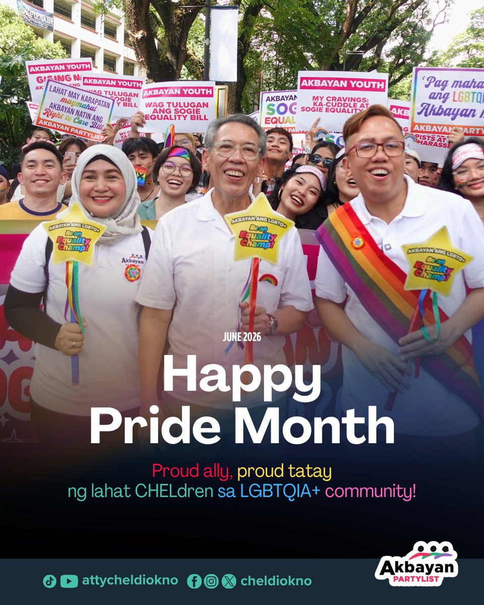 ChelDiokno's tweet photo. Bilang isang kakampi at bilang tatay, malinaw sa akin: lahat tayo ay may karapatang magmahal at mabuhay nang malaya, pantay, ligtas, at may dignidad.

Sa Kongreso, patuloy nating isinusulong ang mga panukalang magpoprotekta sa karapatan at dignidad ng LGBTQIA+ community:

💚 SOGIESC Equality Bill (HB 00765) - Para labanan ang diskriminasyon at itaguyod ang pantay na pagtrato sa lahat.

🩷 Right to Care Bill (HB 2786) - Para mabigyan ng karapatan ang partners na magdesisyon at mag-alaga sa isa’t isa sa oras ng pangangailangang medikal.

💜 Cagandahan Bill (HB 05474) - Para magkaroon ng malinaw na legal na proseso ang intersex persons sa pagwawasto ng kanilang sex at pangalan sa civil registry.

🧡 Safe Spaces Amendments (HB 00768) - Para palawakin ang proteksyon laban sa gender-based sexual harassment, kabilang ang digital abuse.

LGBTQIA+ rights are human rights. 

Happy Pride Month! 🏳️‍🌈