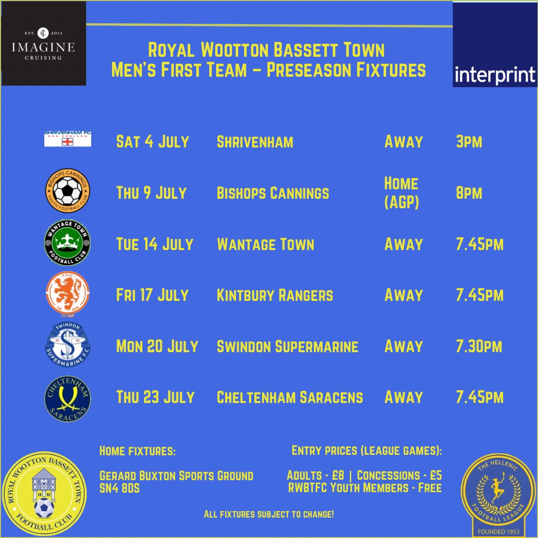 RWBTFC's tweet photo. Prior to that there is, of course, preseason

Training begins on Tuesday 23 June with six friendlies currently scheduled - beginning with a trip to @ShrivenhamFC on Saturday 4 July

Fixtures are liable to change at short notice - stay up to date here: https://t.co/Th96dOTD9v https://t.co/K28ZCfXCVP