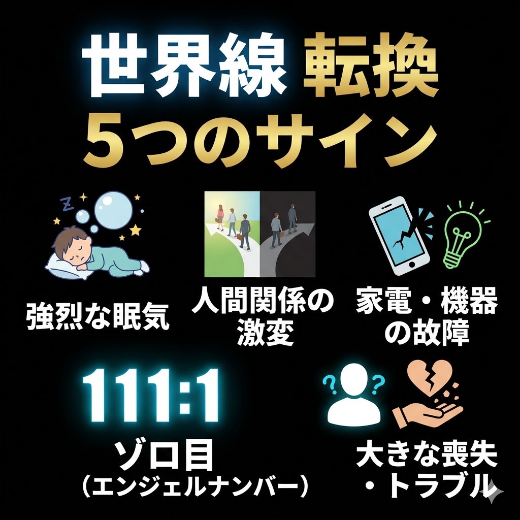hide2951889's tweet photo. 🚨世界線が変わる👍👍

パラレルワールドへ移行する）転換期に、私たちの身の回りで起こりやすいスピリチュアルな前兆を5つに厳選してまとめました。

🚨🌐 世界線が変わる時のシグナル 5選

✅① 強烈な眠気や倦怠感が続く

シフトする際に膨大なエネルギーを消費するため、寝ても寝ても眠い状態が続きます。魂のアップデート期間です。

✅② 人間関係や環境がガラリと変わる‼️‼️

突然の別れや、今まで仲の良かった人と話が合わなくなるのは、お互いの波動（エネルギーの周波数）が変わったサインです

✅③ 家電や精密機器が次々と壊れる⁉️⁉️

自身の発するエネルギーが急激に変化するため、その摩擦でスマホや時計、電化製品が故障しやすくなります。

✅④ ゾロ目（エンジェルナンバー）を頻繁に見る‼️

   「1111」や「777」など、時計や車のナンバーでゾロ目を何度も目にするのは、正しいルートに乗っているという宇宙からの合図です。

✅⑤ 大切なものを失う・大きなトラブルが起きる

一見最悪に見える出来事は、古い世界線の不要なものを手放し、新しいステージへ進むための強力なデトックス（好転反応）です。

🚨まとめの一言*🙏🚨

これらのサインが重なるときは、無理に抗わず「次のステージへ進む時が来たんだ」と流れに身を任せるのがベストです。

貴方も以上の予兆を感じとっていますか⁉️⁉️

#世界線 #パラレルワールド #引き寄せの法則