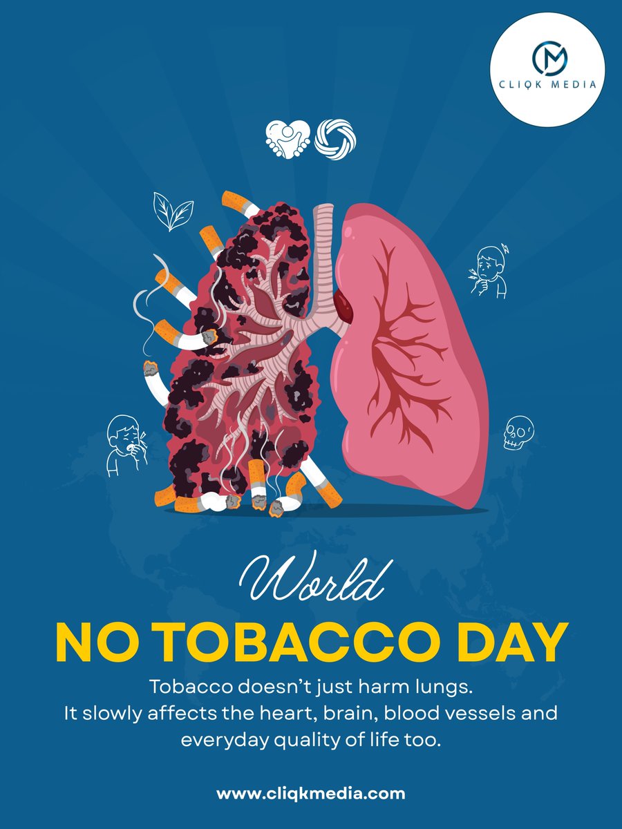 CliqkMedia's tweet photo. 🚭 On World No Tobacco Day, let's spread awareness and inspire healthier choices.
A tobacco-free life is a stronger, healthier life.
#WorldNoTobaccoDay #HealthAwareness #CliqMedia #DigitalForGood #SayNoToTobacco https://t.co/617IcDe3XS