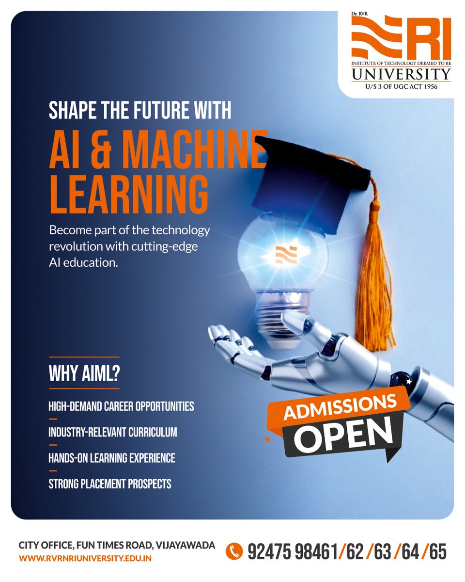 NRIUniversity's tweet photo. Step into the future with AI &amp; Machine Learning at NRI University. 

Gain industry-ready skills, hands-on learning experience, and exciting career opportunities in the world of emerging technologies. Admissions are now open! 🎓

#NRIUniversity #ArtificialIntelligence https://t.co/I3CqDpLujW